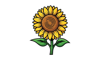 Obraz premium Illustration of a sunflower with yellow petals and green leaves on a black background