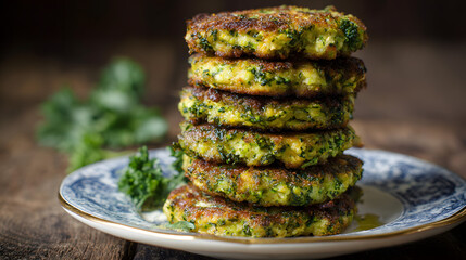 Zesty broccoli fritters stacked high, infused with hrbal whispers, capture theessence of Green Monday an National Vegetarian Week