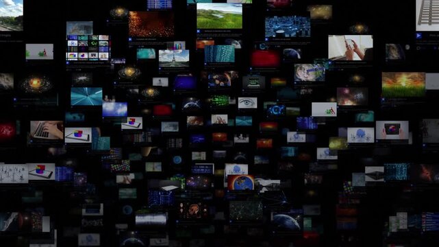 Dynamic Collage Of Multiple Digital Screens Displaying Global Technology, Science, And Communication Concepts, Representing The Immense Flow Of Modern Multimedia Information - Powered by Adobe