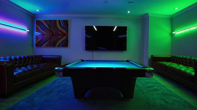 This video showcases a stylish billiard room featuring a glowing pool table, leather sofas, vibrant neon lighting, abstract art, and a large TV, creating a modern and inviting atmosphere.
