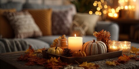 Cozy Autumn Decorations with Candles, Pumpkins, and Colorful Leaves in a Warm Living Room Setting