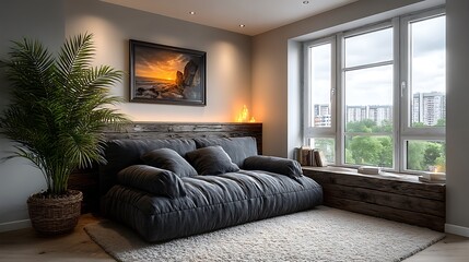 Obraz premium A realistic high-definition photo of a dual-purpose guest and office room with sleeper sofa.