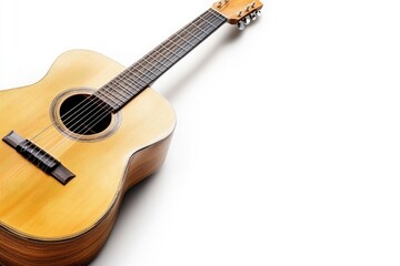 An acoustic guitar with rich wood tones, capturing the essence of music. Perfect for showcasing the beauty and craftsmanship of string instruments in a serene setting.