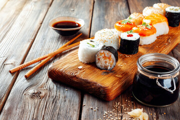 An appetizing display of fresh sushi rolls with soy sauce and chopsticks, ready to enjoy.