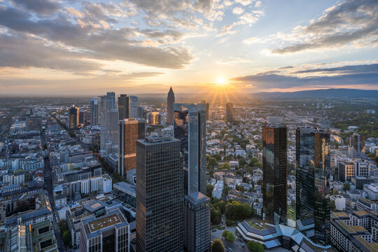 Financial District at sunset, Frankfurt am Main, Hesse, Germany