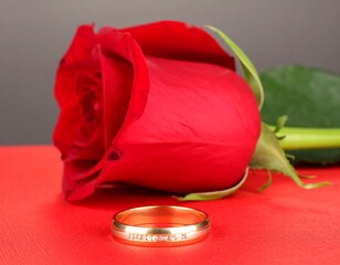 A vibrant red rose and a gold ring on a red surface