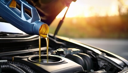 change and pour new car engine oil into the motor banner with copy space