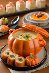 A pumpkin shaped bowl filled with soup surrounded by various halloween themed appetizers on a table