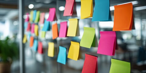 Colorful Sticky Notes on Glass Wall in Creative Office Environment for Brainstorming and Collaboration
