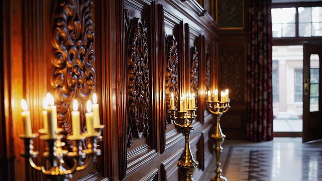 This video highlights a luxurious hallway with intricately carved wooden walls and glowing golden candelabras, creating an opulent ambiance and showcasing classic, regal interior design.