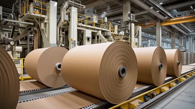 Large Rolls of Brown Paper on Conveyor Belt in a Paper Mill, Industrial Production of Cardboard, Packaging Materials Manufacturing