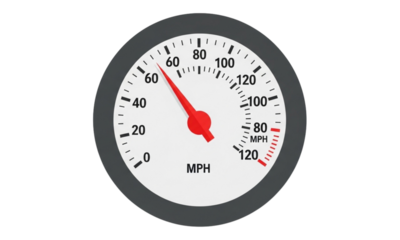 A speedometer with a red needle pointing to sixty miles per hour on a white background