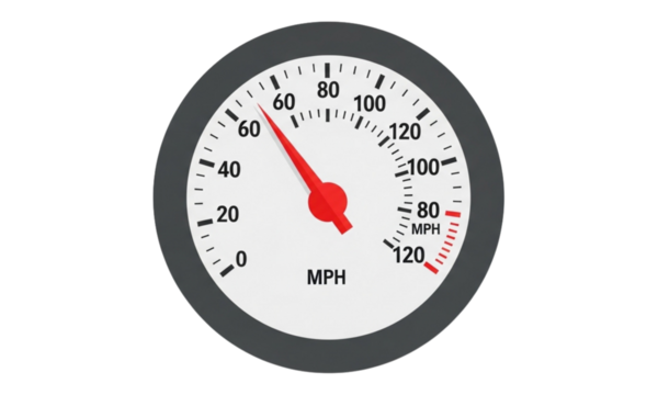A speedometer with a red needle pointing to sixty miles per hour on a white background