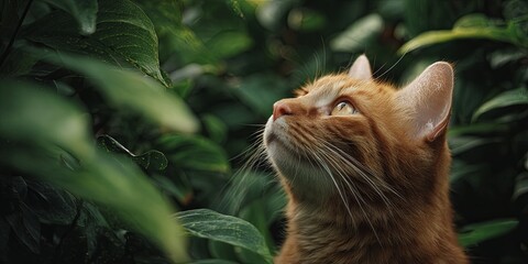 Majestic Ginger Cat Gazing Upward Amidst Lush Greenery in Soft Natural Light