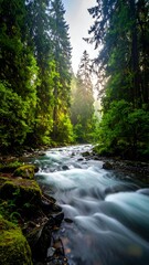Fototapeta premium Verdant forest stream, sunlit path