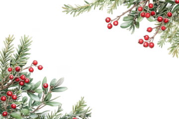 Christmas Evergreen Branches with Red Berries Corner Accents graphic design isolated on a transparent background