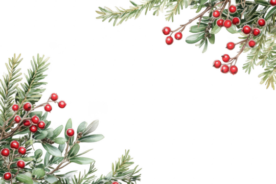 Christmas Evergreen Branches with Red Berries Corner Accents graphic design isolated on a transparent background