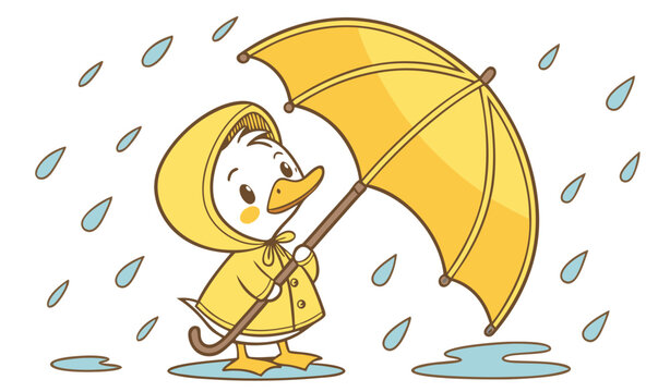 "A baby duck wearing a tiny raincoat and standing under a bright yellow umbrella, raindrops splashing around, vibrant colors, cute and heartwarming concept art, photorealistic style."