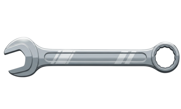 A shiny silver wrench with an open end and a closed end is on a black background