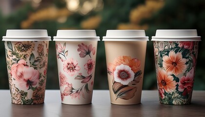 four disposable coffee cups with different floral patterns are standing on a table ready to be filled