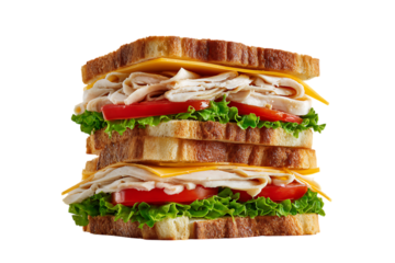 Delicious double decker turkey sandwich with cheese, lettuce, and tomato.