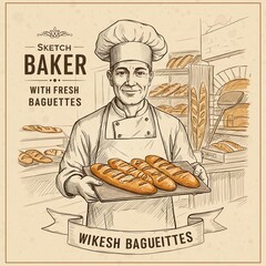 Baker presenting fresh baguettes with bakery background