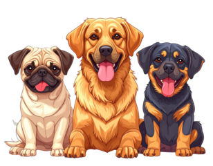 Cute Dog Breeds Clipart Set, Labrador, German Shepherd, Pug, Cartoon Style, Isolated PNG