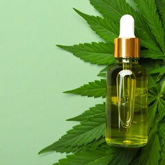 Hemp oil bottle on green leaves