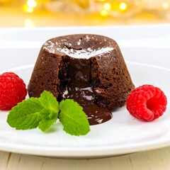 Chocolate molten cake with raspberries and mint