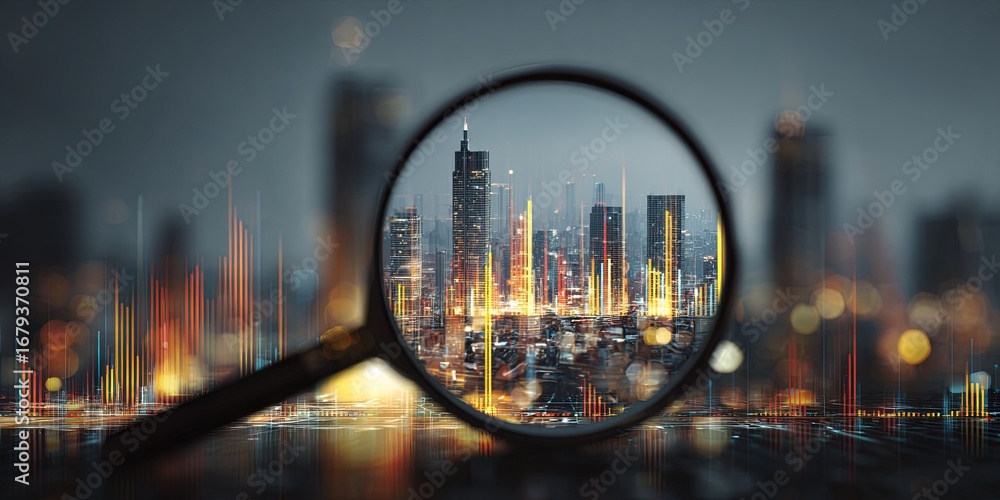 Poster magnifying glass highlighting urban skyline over business analytics and data visualization backgroun