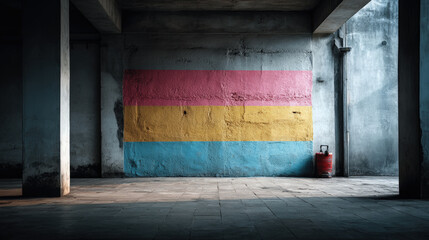 The pansexual pride flag is artistically painted on a weathered concrete wall in an old building.