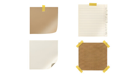 Collection of four different types of paper notes, held by yellow tape, on a white background