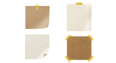 Collection of four different types of paper notes, held by yellow tape, on a white background
