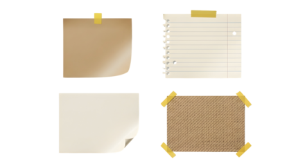 Collection of four distinct sticky notes, including ruled paper and textured paper, all adorned with adhesive tape for a realistic visual representation