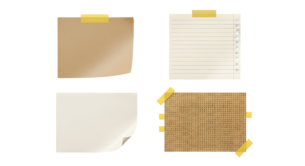 Four different styles of blank sticky notes, each attached with tape, isolated on a white background for your design needs