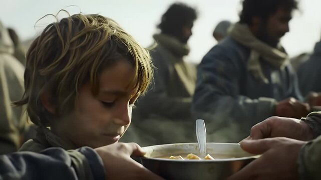 Emotive Close Up of Young Child Receiving Warm Meal in a Harsh Light with Bleak Background and Shallow Depth of Field