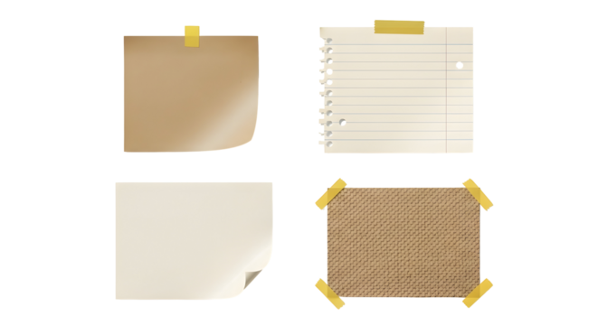 Collection of four distinct sticky notes, including ruled paper and textured paper, all adorned with adhesive tape for a realistic visual representation
