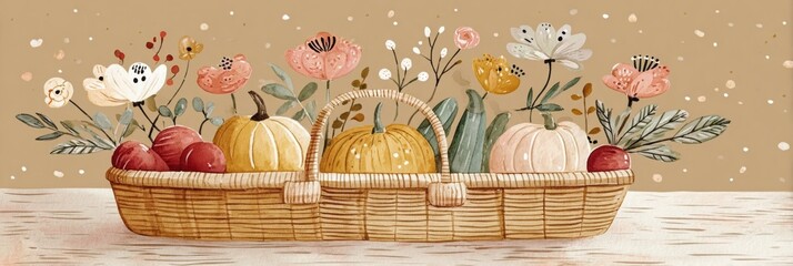 A wicker basket overflows with pumpkins, bright carrots, deep red beets, and fresh zucchini, accompanied by colorful flowers, embodying the essence of autumnal bounty and seasonal charm