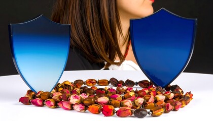 Two blue shields flanking a rose-colored bead necklace