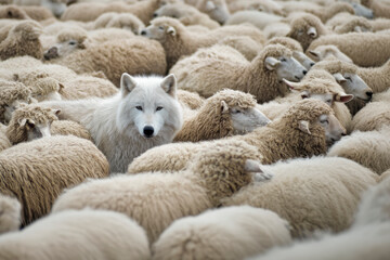White wolf hiding among sheep in a large flock