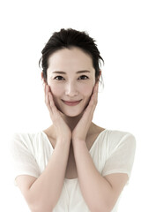 Fototapeta premium Beautiful japanese woman gently touching her face with hands