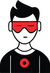 Modern person wearing futuristic red goggles and black t-shirt with red emblem graphic design