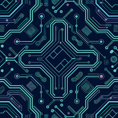 Seamless digital circuit board pattern with glowing neon lines on dark background
