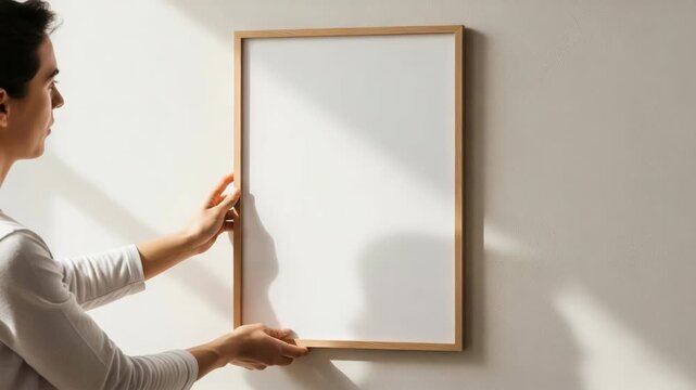 Minimalist poster frame mockup on wall with sunlight and blank space for design presentation