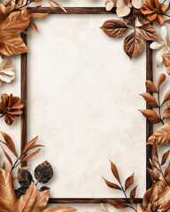 Cream template with a textured background and a central rectangular photo frame. Botanical illustrations frame the bottom and sides, with text space in the top-right corner.