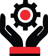 Hands holding cogwheel symbolizing industry support technical assistance and mechanical engineering solutions