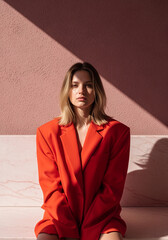 Woman in Red Blazer Sitting on Marble Bench in Sunlight
