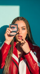 Young Woman with Braids Holding Compact Mirror Reflecting One Eye