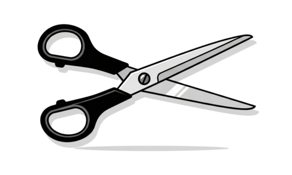 Illustration of open scissors with black handles and silver blades on a black background