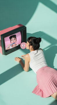 Woman Blowing Bubble Gum While Watching TV, Retro Style